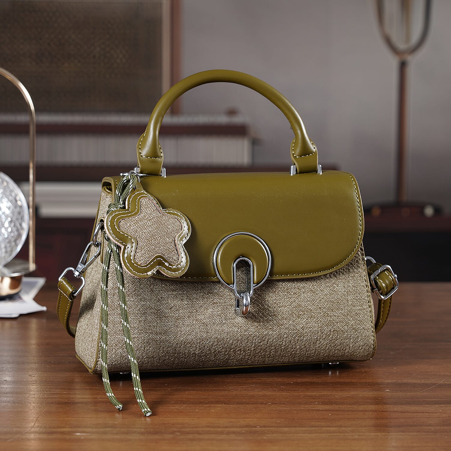 Structured Top-Handle Satchel Handbag - Olive Green