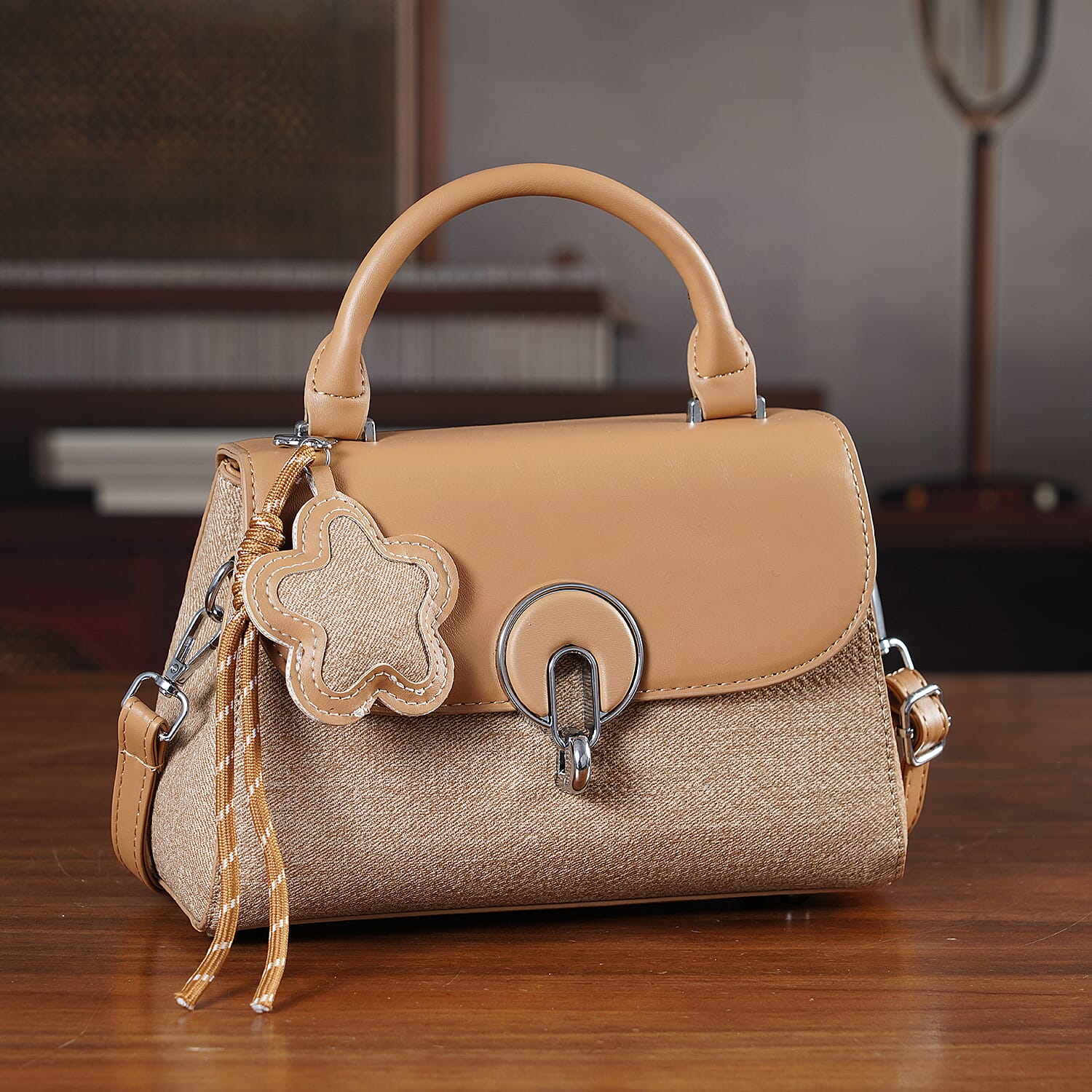 Structured Top-Handle Satchel Handbag - Beige