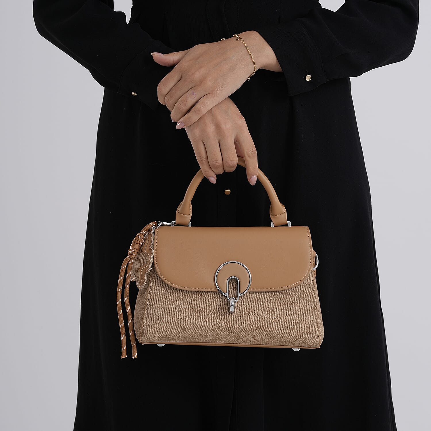 Structured Top-Handle Satchel Handbag - Beige
