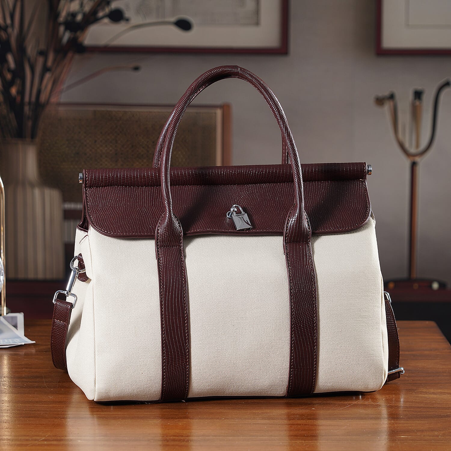 Crossbody Bag with Multiple Zipped Pockets (34x15x29cm) - Burgundy & White