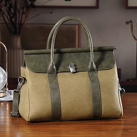 Elegant Herringbone Lined Satchel Handbag with Adjustable Strap - Olive Green