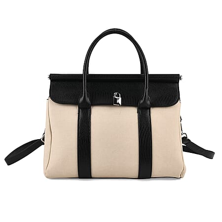 Elegant Herringbone Lined Satchel Handbag with Adjustable Strap - Black & Off-White Elegant Herringbone Lined Satchel Handbag with Adjustable Strap - Black & Off-White