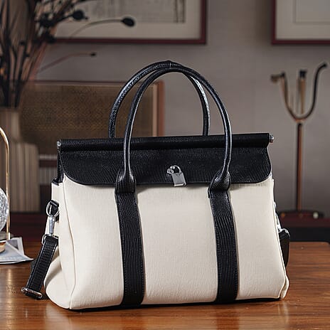 Elegant Herringbone Lined Satchel Handbag with Adjustable Strap - Black & Off-White
