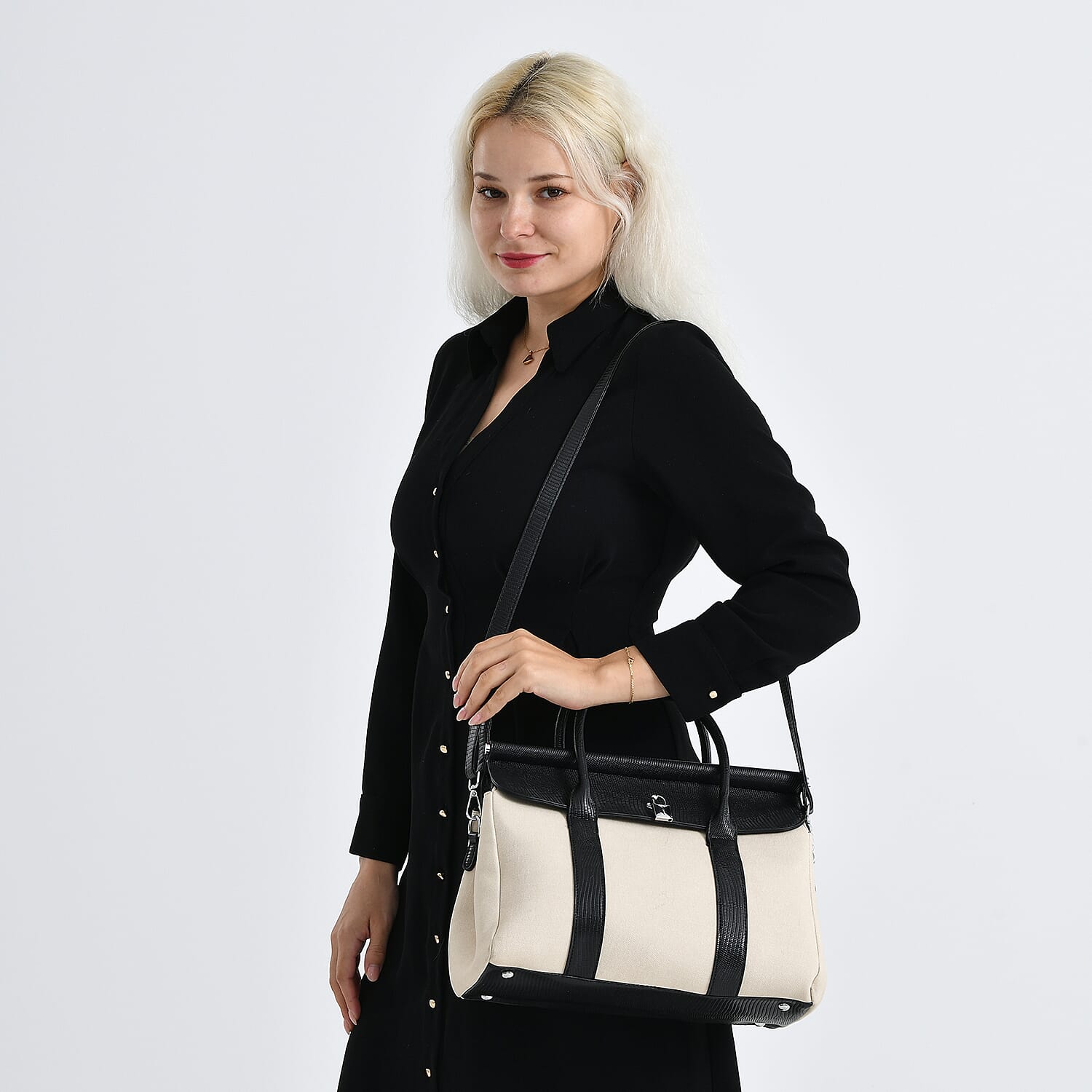 Crossbody Bag with Multiple Zipped Pockets (34x15x29cm) - Black & White