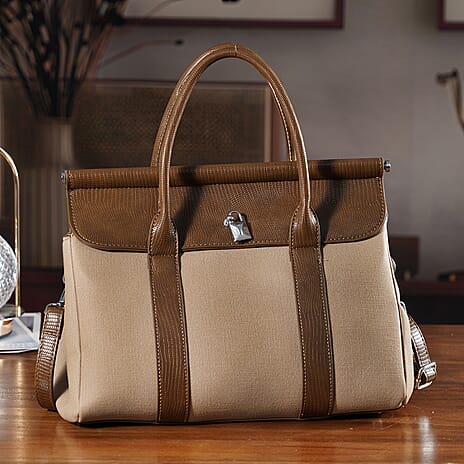 Elegant Herringbone Lined Satchel Handbag with Adjustable Strap - Camel