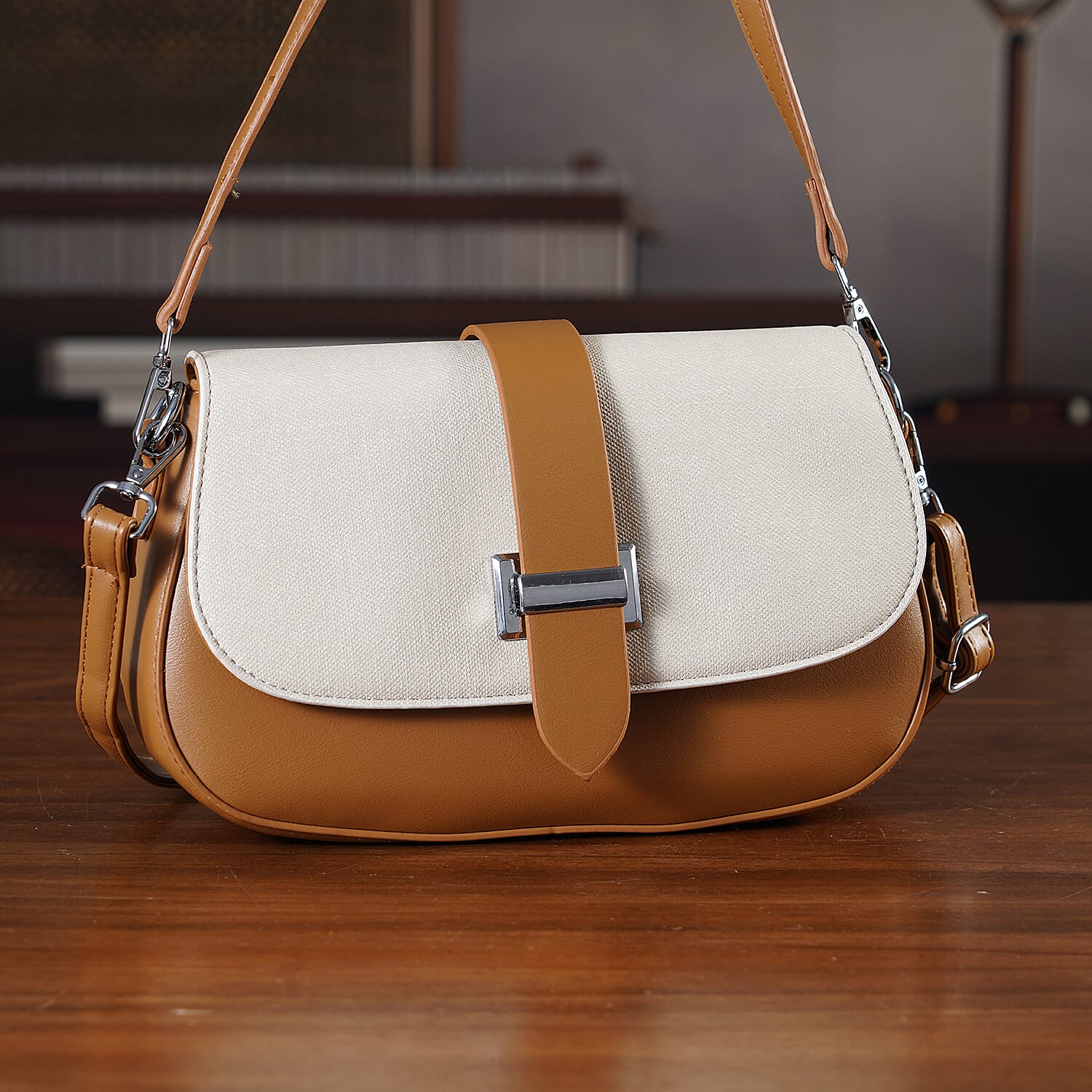 Two-Tone Saddle Bag With Crossbody Strap - Brown & White