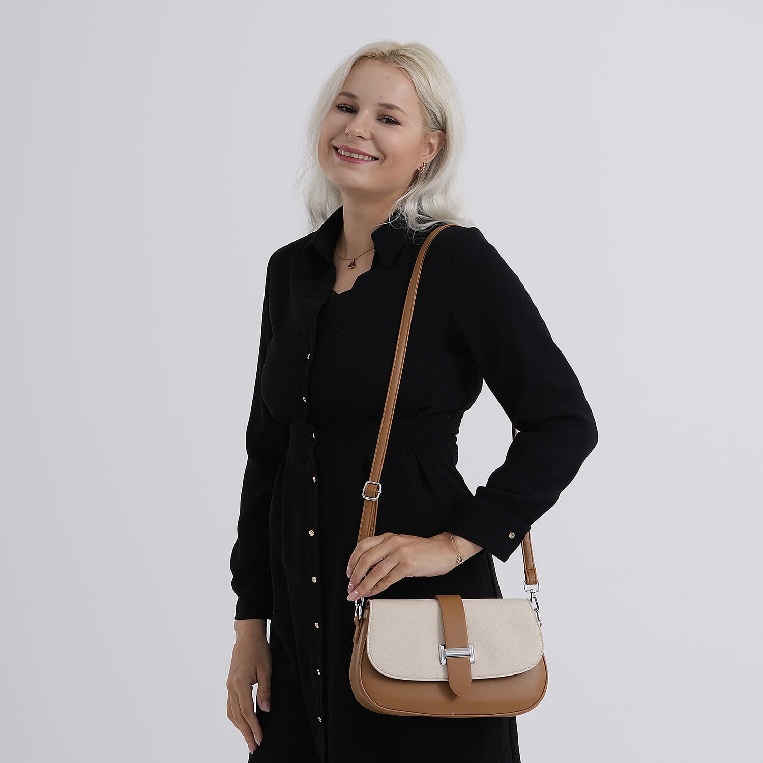 Two-Tone Saddle Bag With Crossbody Strap - Brown & White