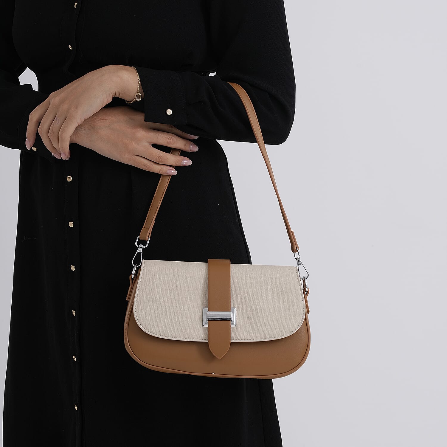 Two-Tone Saddle Bag With Crossbody Strap - Brown & White