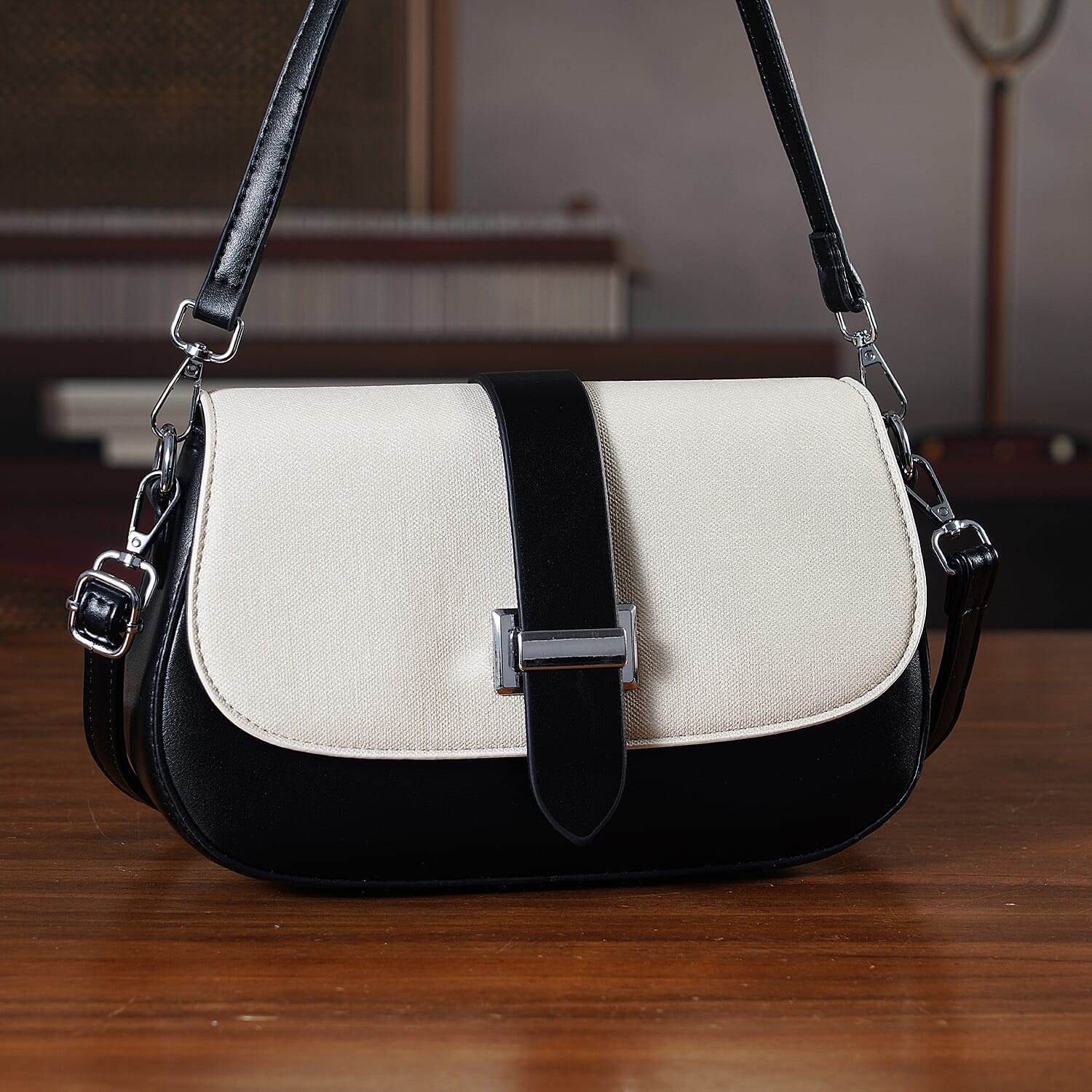 Two-Tone Saddle Bag With Crossbody Strap - Black & White