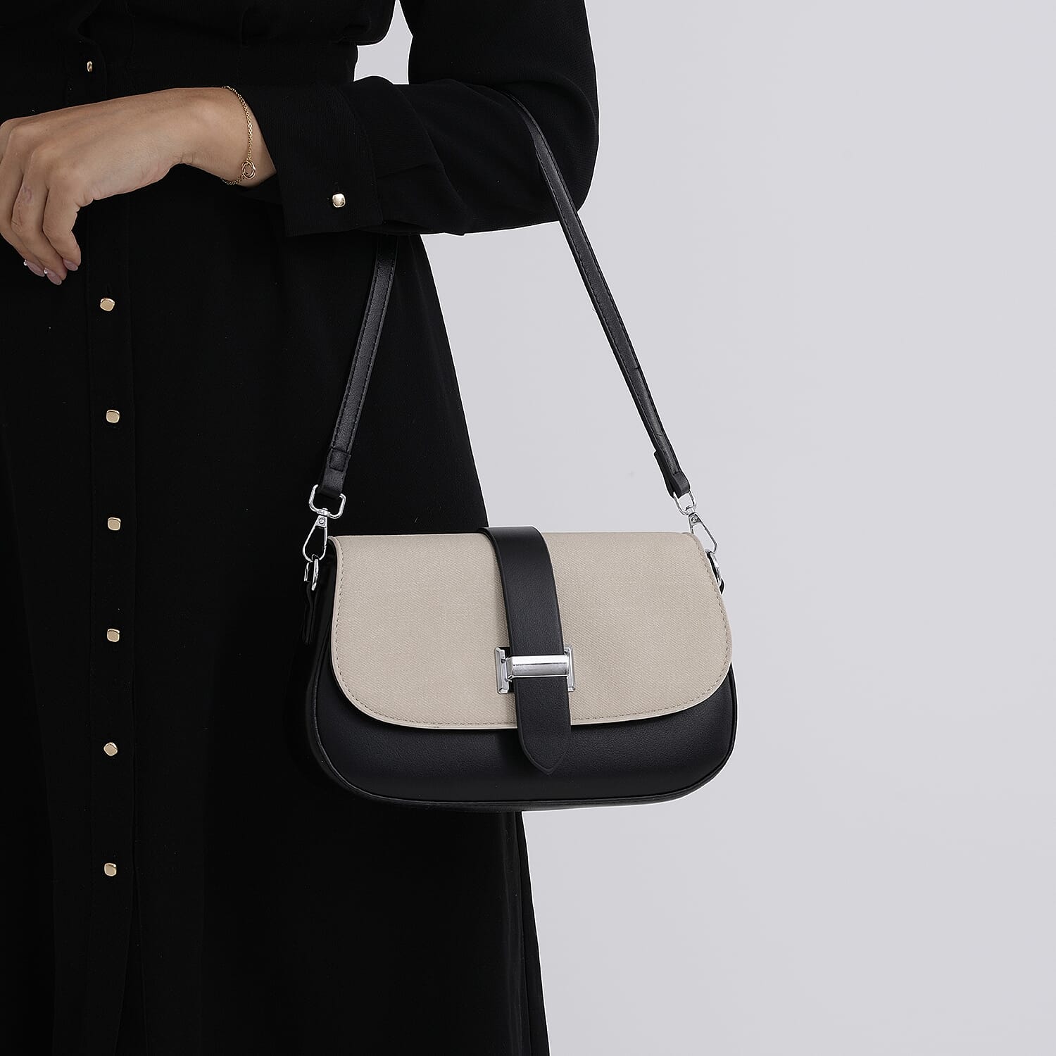 Two-Tone Saddle Bag With Crossbody Strap - Black & White