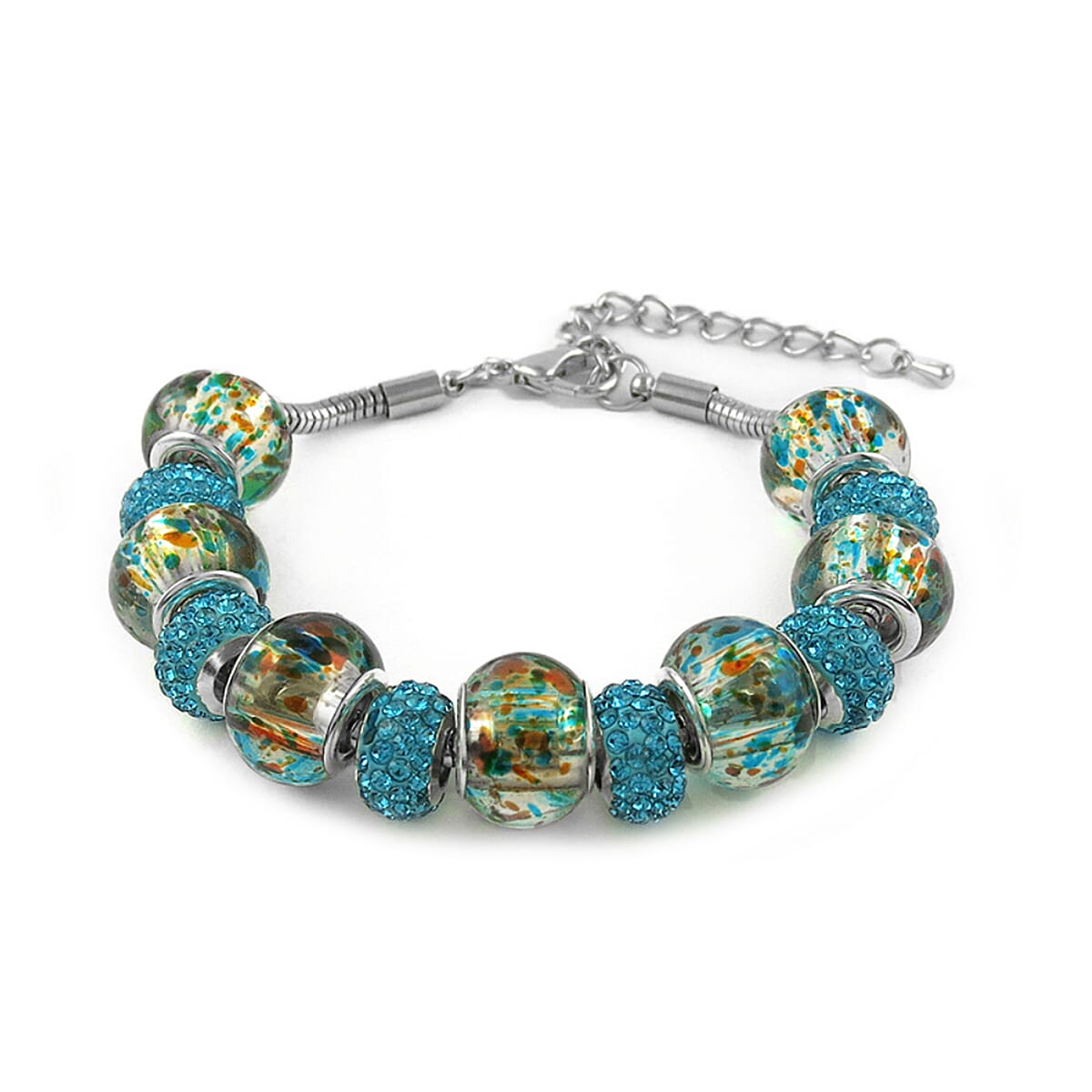 Murano Glass with Blue Crystal Bracelet (Size - 7.5-2 Inch Ext) in White Tone 1.00 Ct.