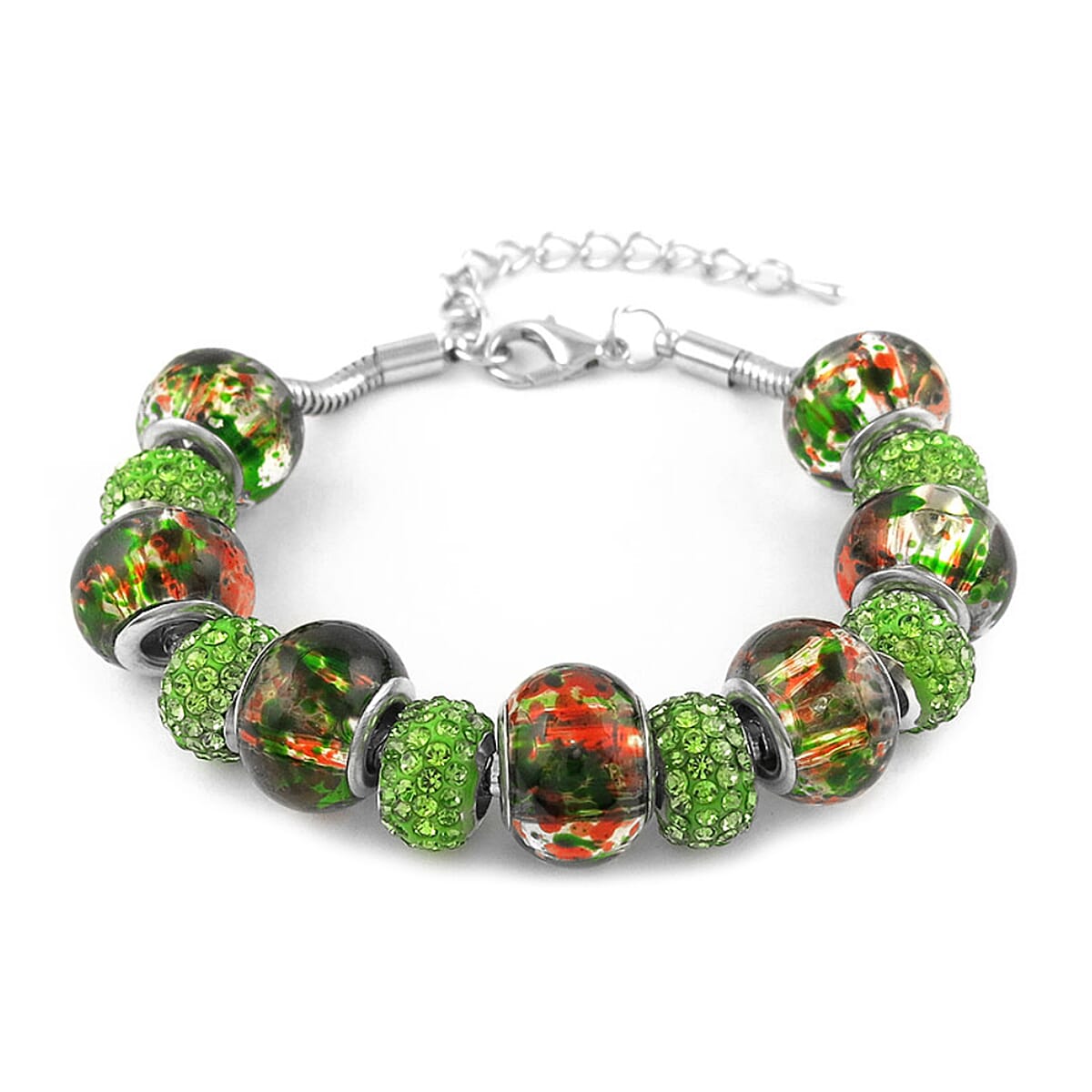 Murano Glass with Green Crystal Bracelet (Size - 7.5-2 Inch Ext) in White Tone 1.00 Ct.