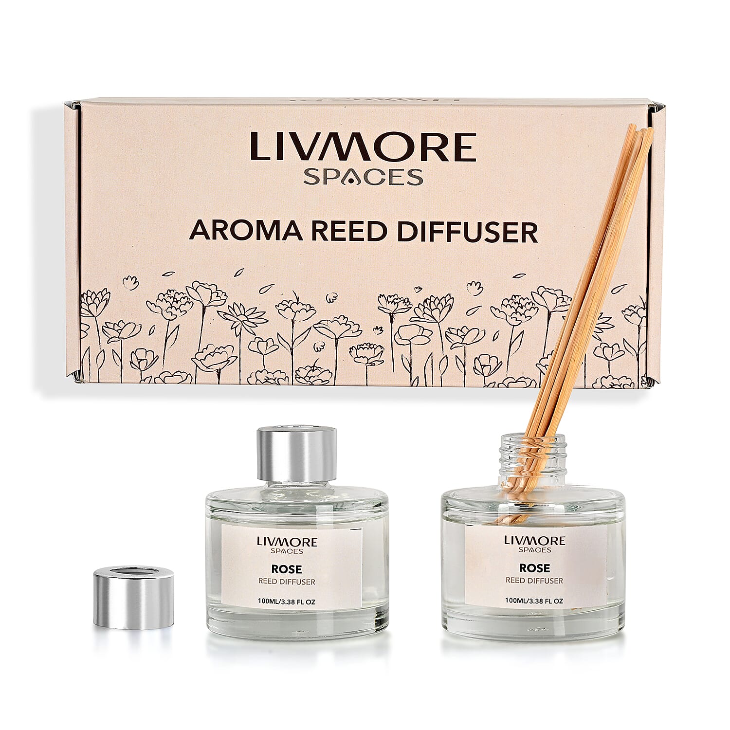 Livmore Set of 2 Rose Fragrance Diffuser with 4 Reed Sticks - 100ml