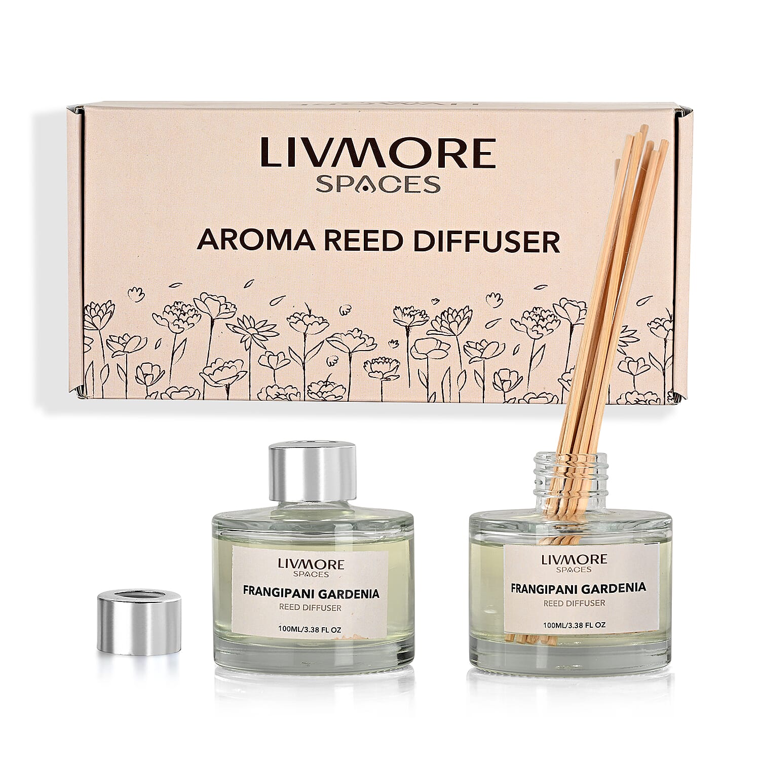 Livmore Set of 2 Frangipani Fragrance Diffuser with 4 Reed Sticks - 100ml