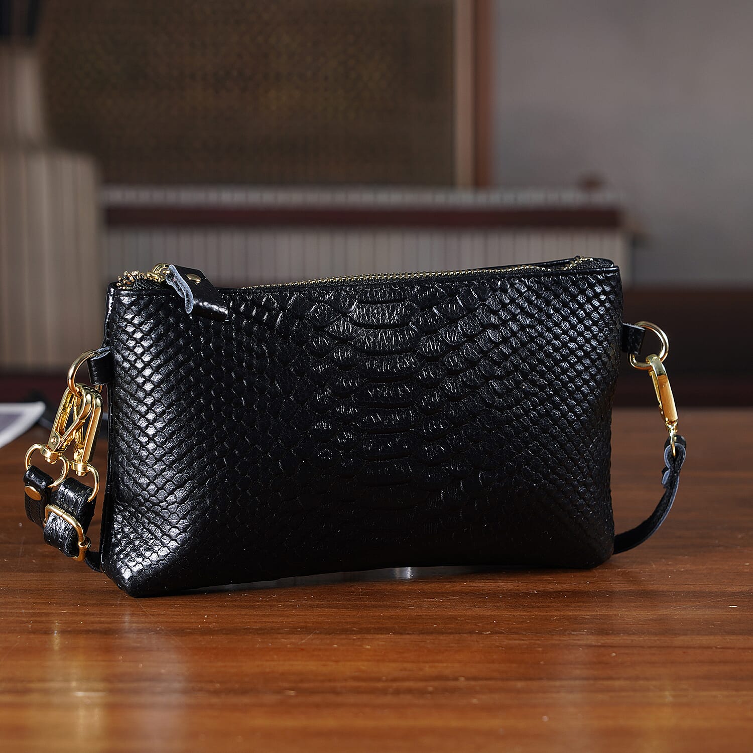 Genuine Leather Sling Bag with Detachable Strap (140 cm) - Black