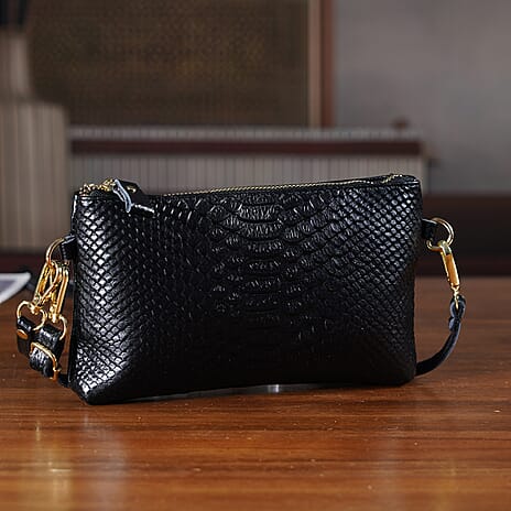 Genuine Leather Sling Bag with Detachable Strap (140 cm) - Black