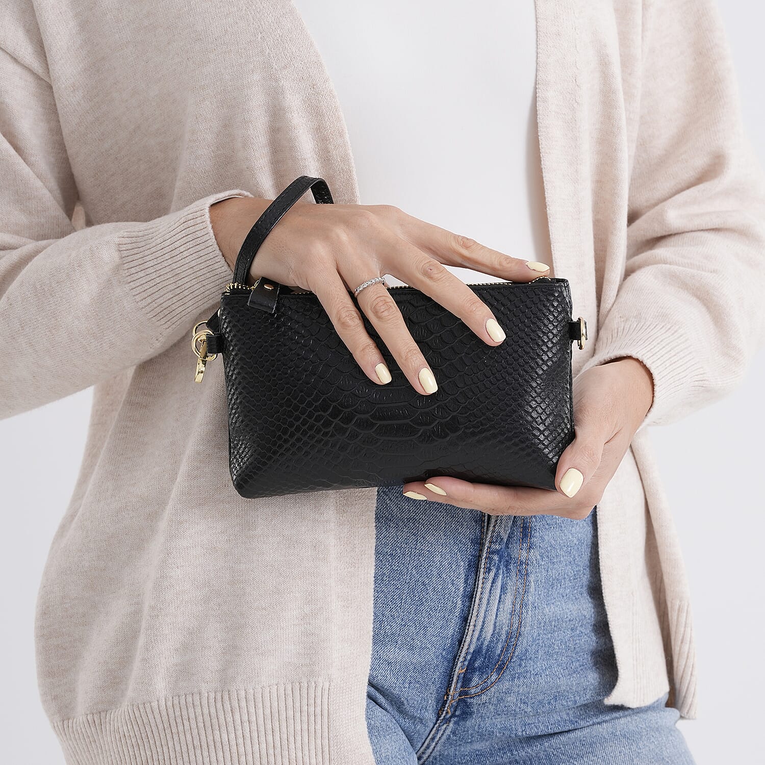 Genuine Leather Sling Bag with Detachable Strap (140 cm) - Black