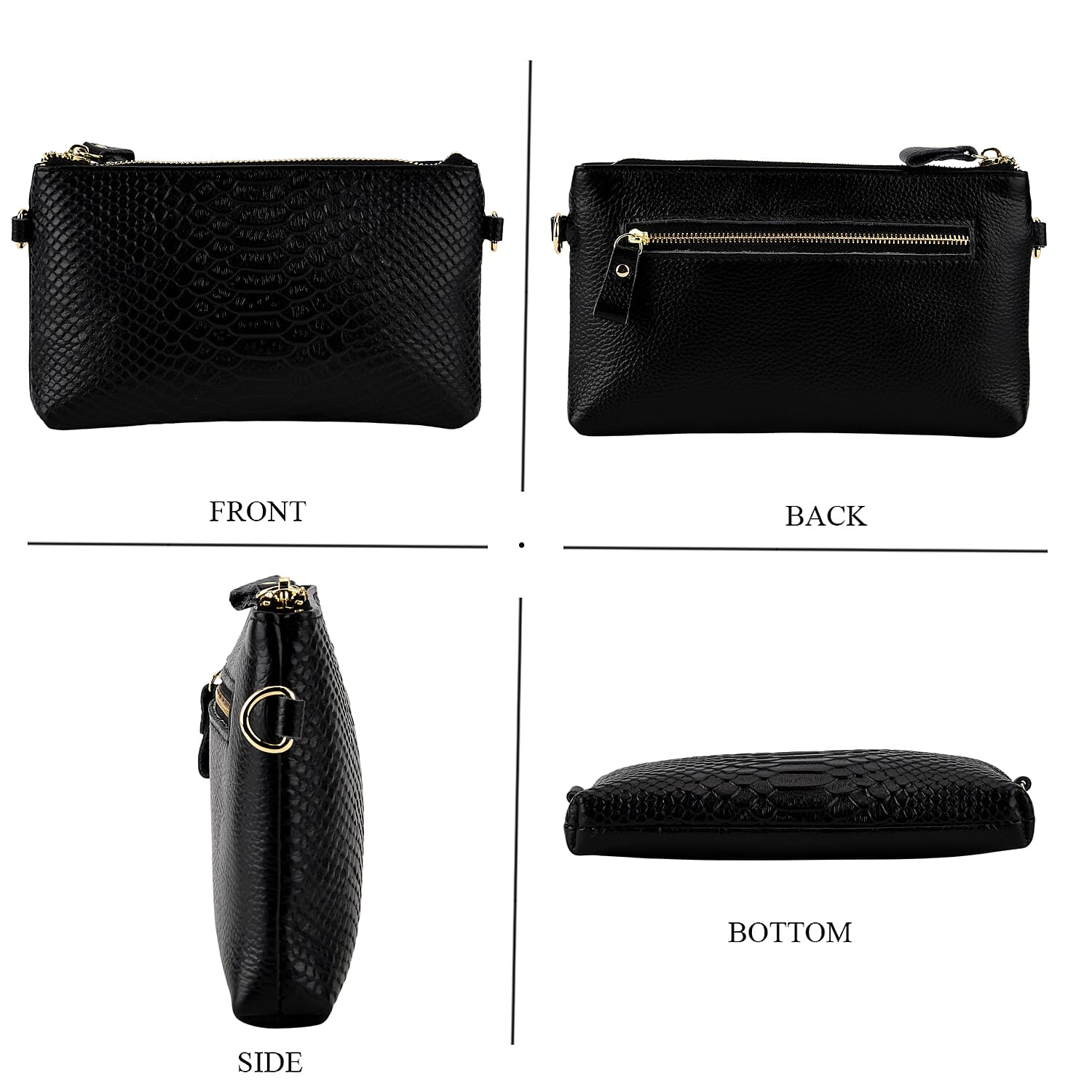 Genuine Leather Sling Bag with Detachable Strap (140 cm) - Black