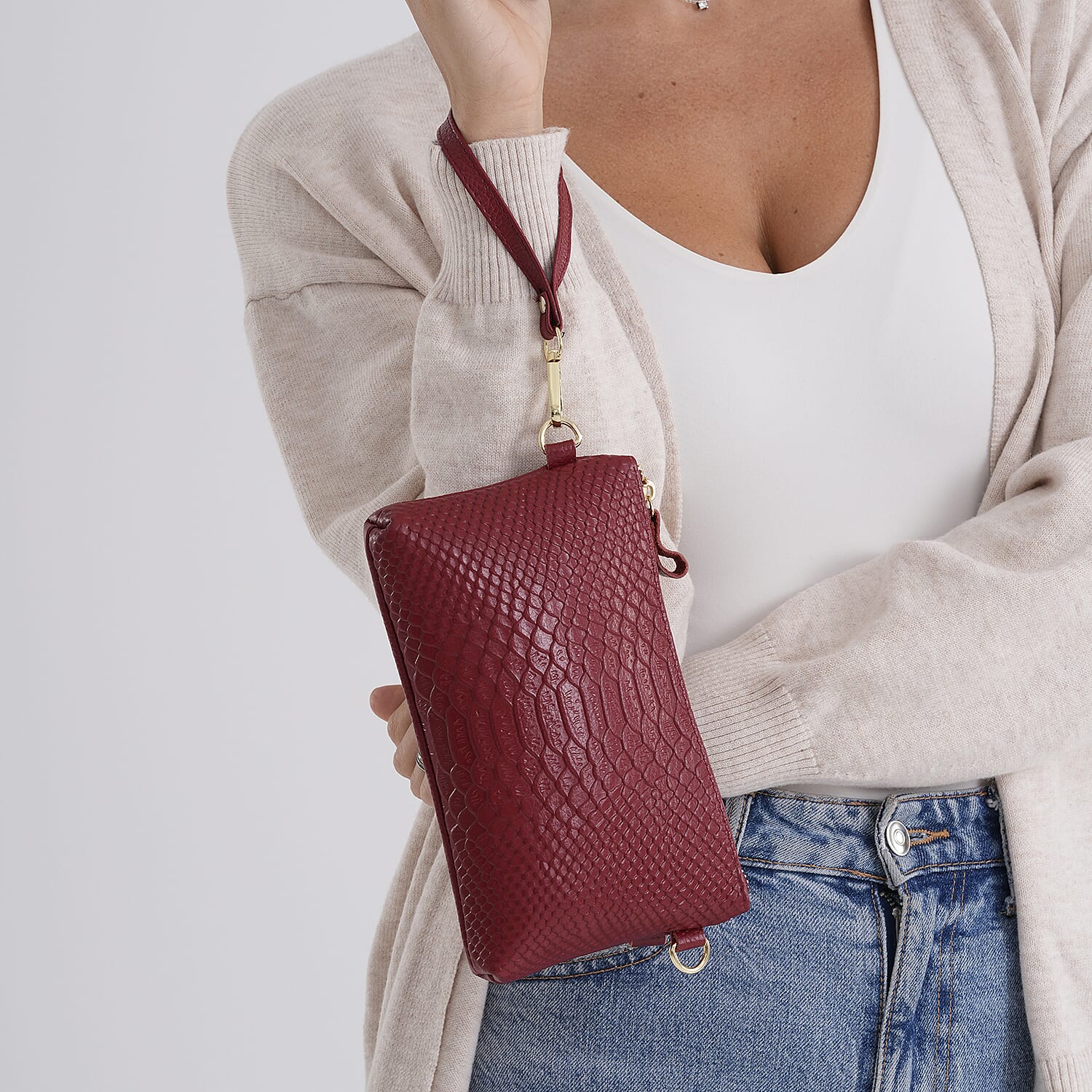 Genuine Leather Sling Bag with Detachable Strap (140 cm) - Burgundy