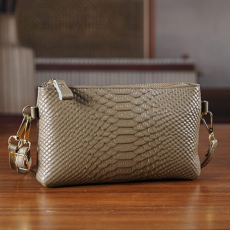 Genuine Leather Sling Bag with Detachable Strap (140 cm) - Dark Khaki