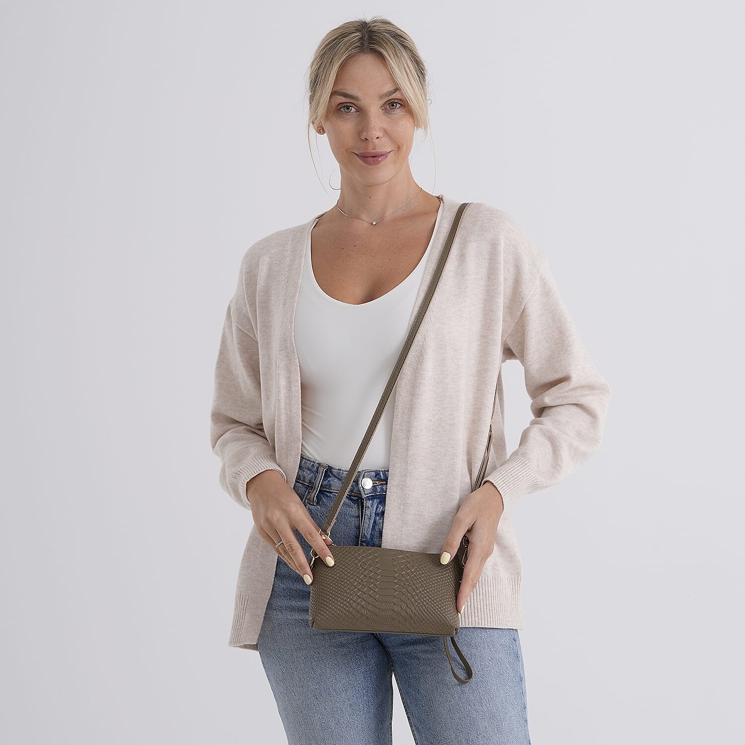 Genuine Leather Sling Bag with Detachable Strap (140 cm) - Dark Khaki