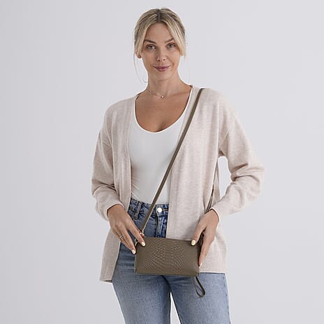 Genuine Leather Sling Bag with Detachable Strap (140 cm) - Dark Khaki