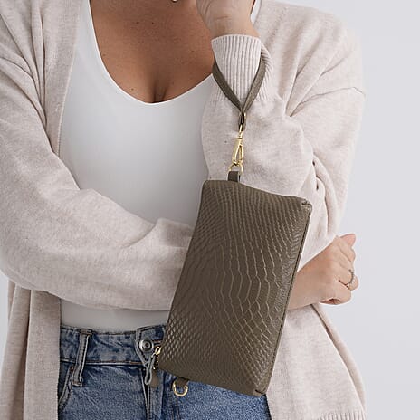 Genuine Leather Sling Bag with Detachable Strap (140 cm) - Dark Khaki