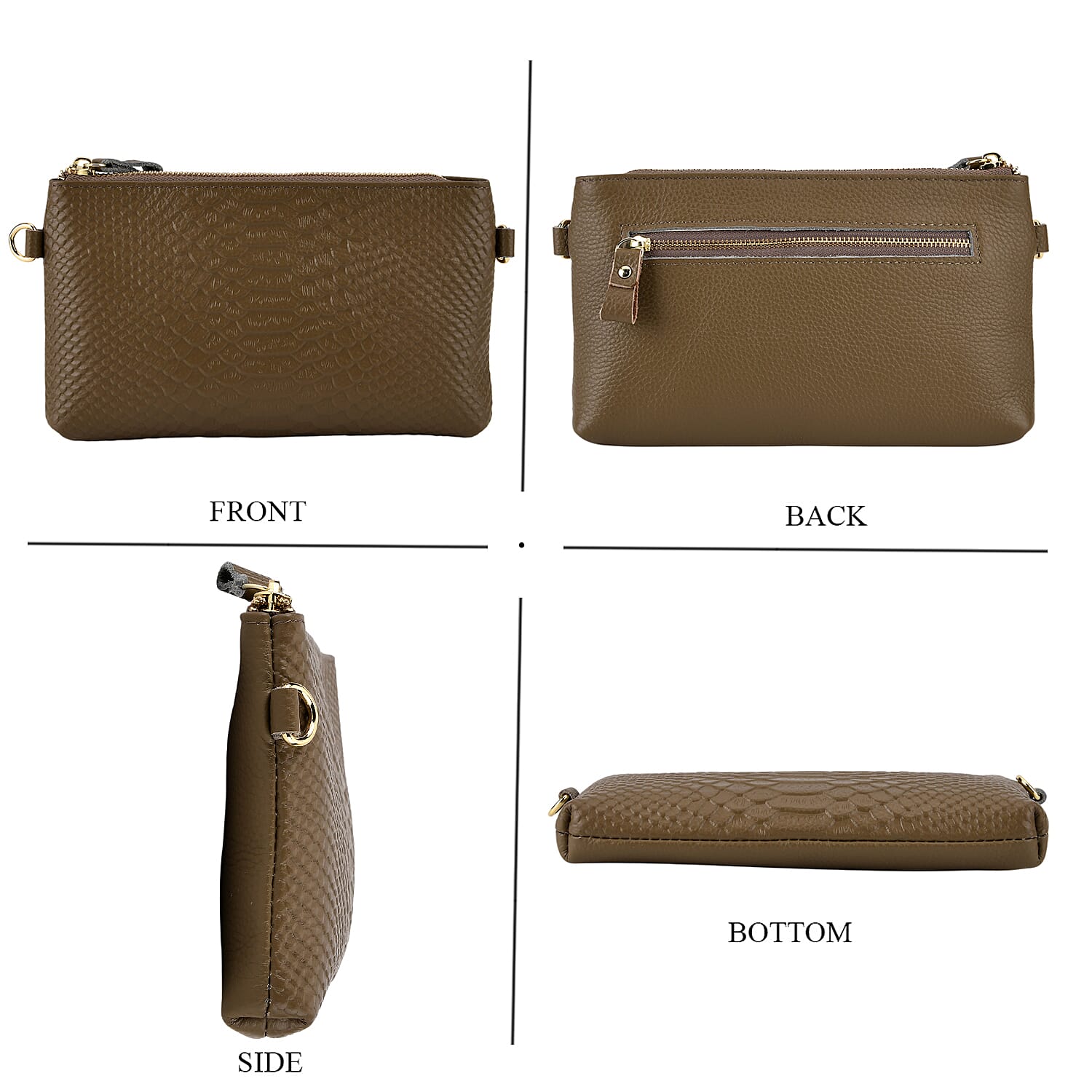 Genuine Leather Sling Bag with Detachable Strap (140 cm) - Dark Khaki