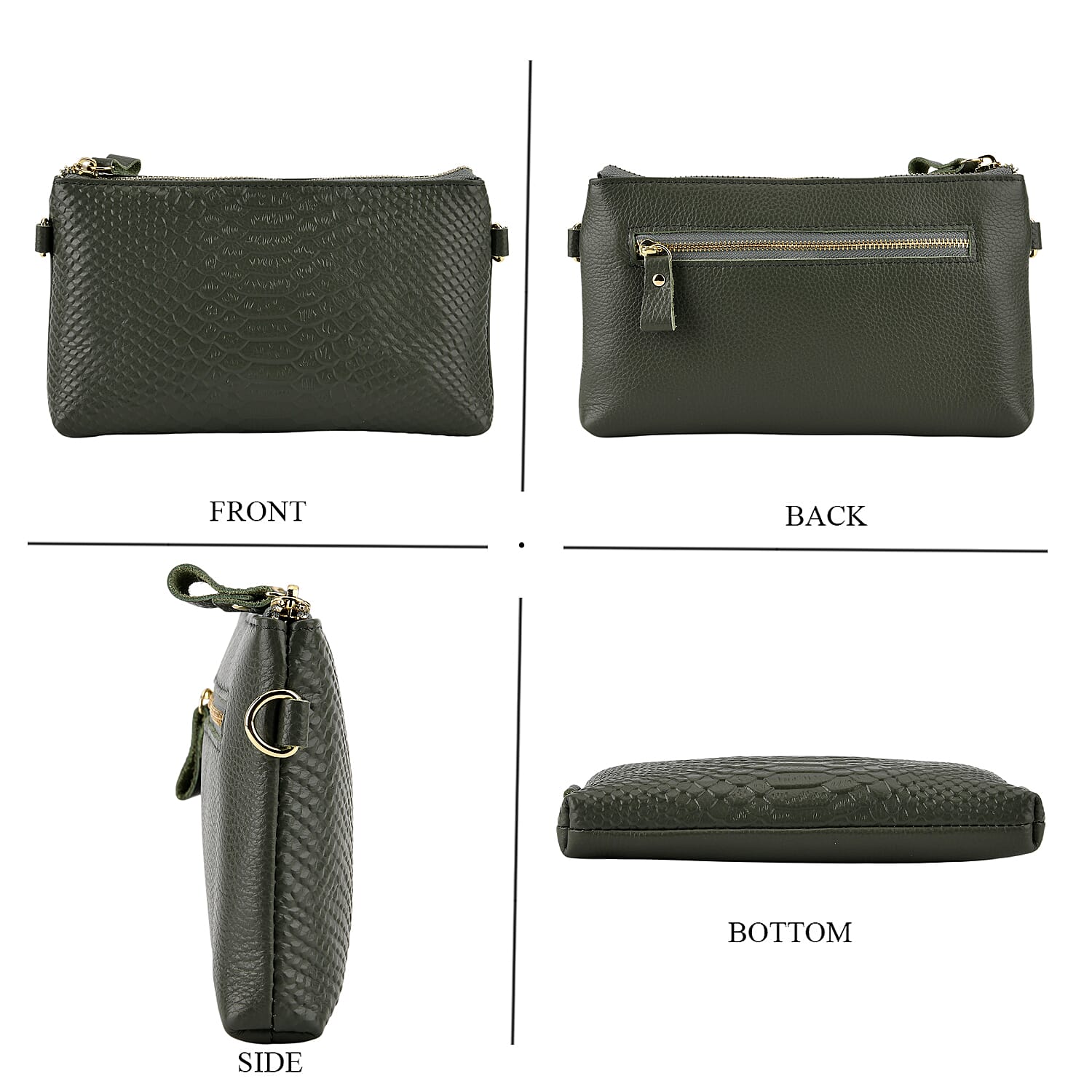 Genuine Leather Sling Bag with Detachable Strap (140 cm) - Dark Green