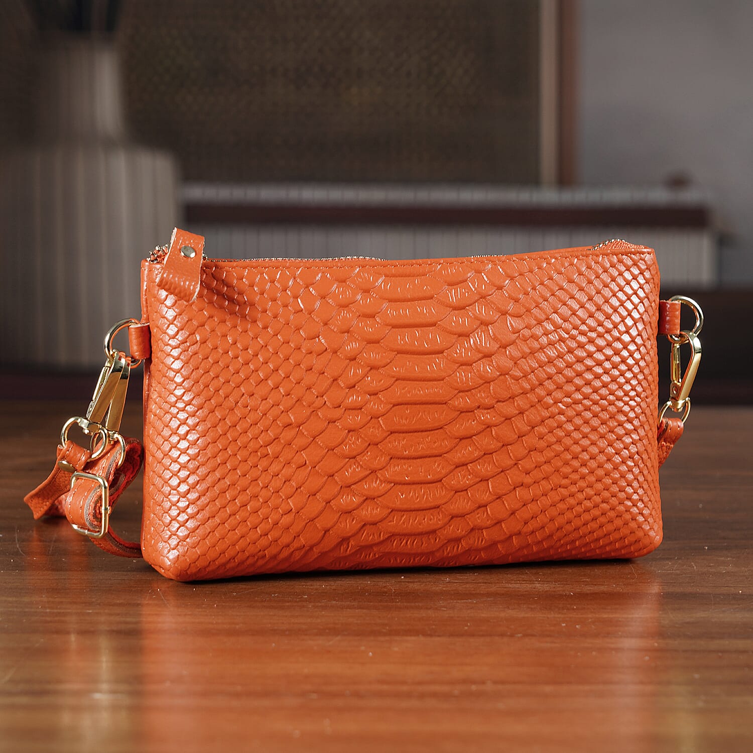 Genuine Leather Sling Bag with Detachable Strap (140 cm) - Orange
