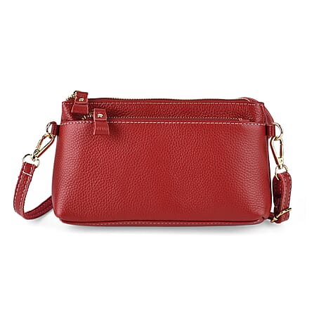 100% Exquisite Genuine Leather Premium Crossbody Bag 3-in-1 Clutch - Wristlet - Red