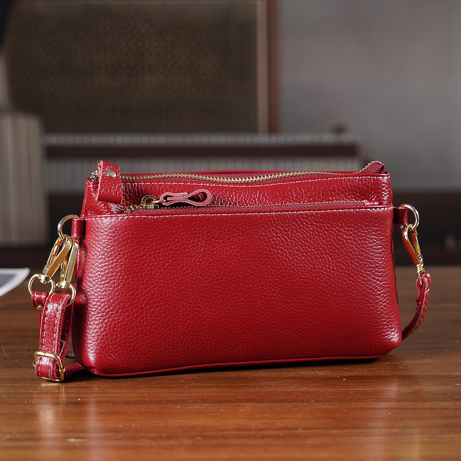 100% Exquisite Genuine Leather Premium Crossbody Bag 3-in-1 Clutch - Wristlet - Red
