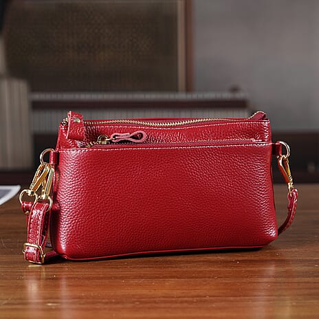 100% Exquisite Genuine Leather Premium Crossbody Bag 3-in-1 Clutch - Wristlet - Red