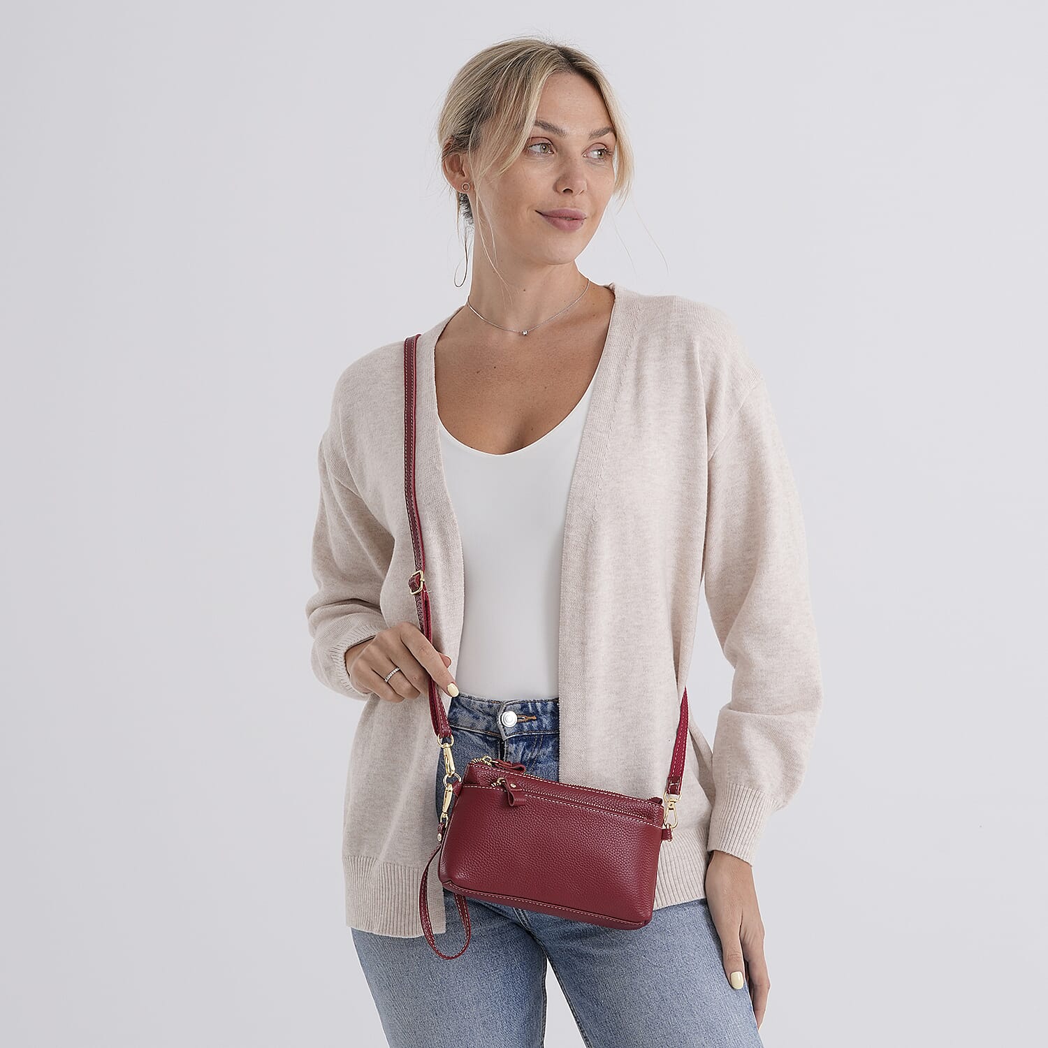 100% Exquisite Genuine Leather Premium Crossbody Bag 3-in-1 Clutch - Wristlet - Red