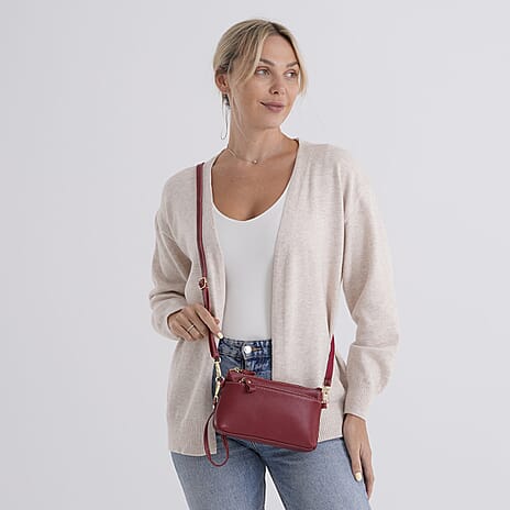 100% Exquisite Genuine Leather Premium Crossbody Bag 3-in-1 Clutch - Wristlet - Red