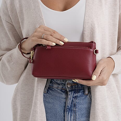 100% Exquisite Genuine Leather Premium Crossbody Bag 3-in-1 Clutch - Wristlet - Red