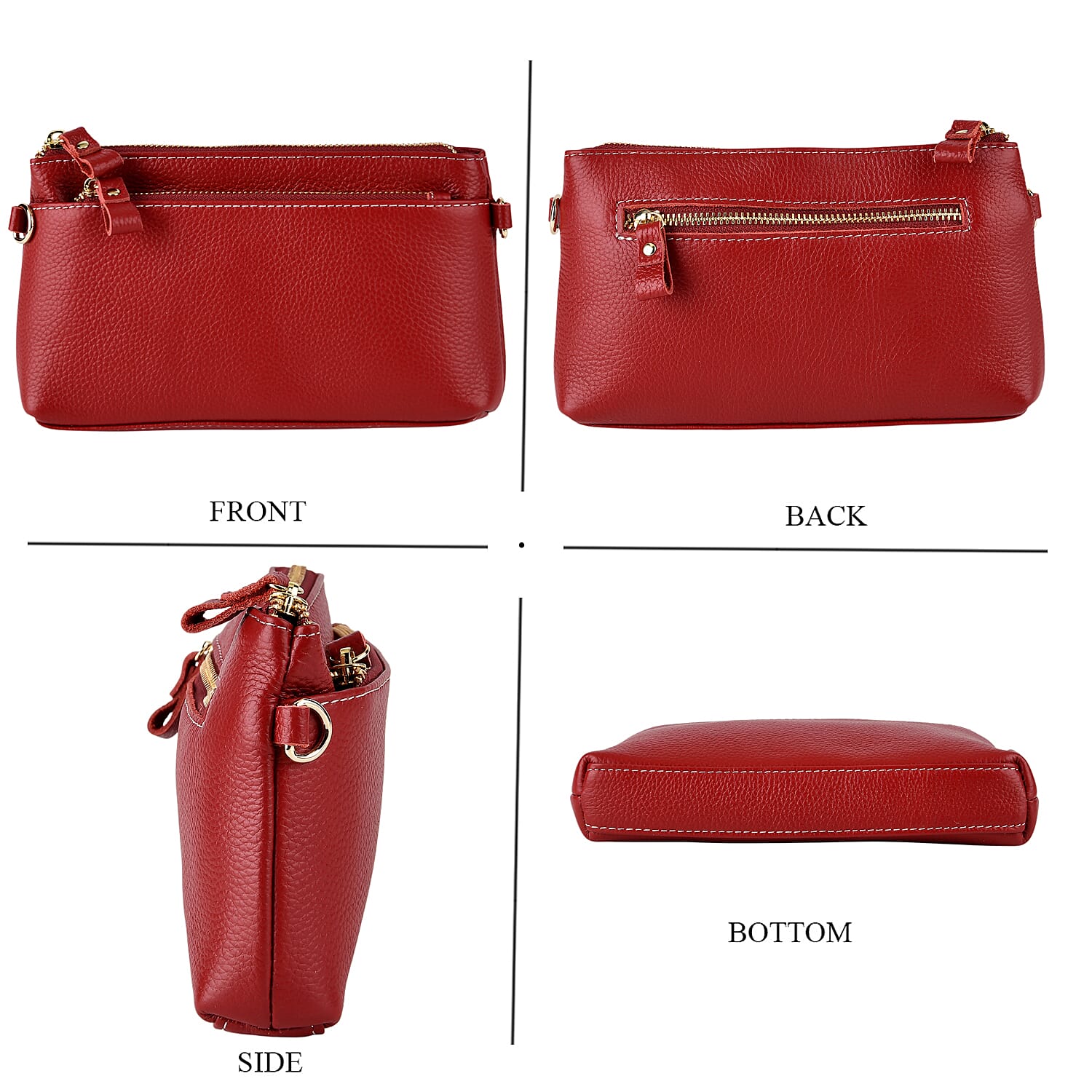 100% Exquisite Genuine Leather Premium Crossbody Bag 3-in-1 Clutch - Wristlet - Red