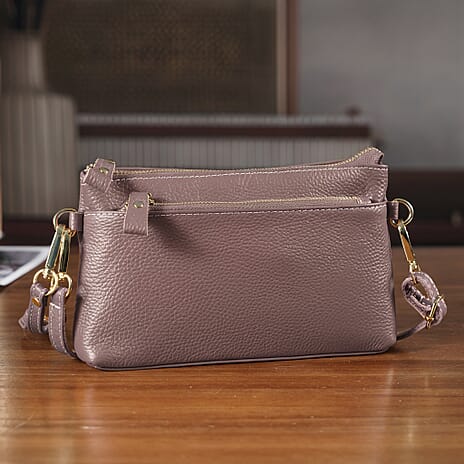 100% Exquisite Genuine Leather Premium Crossbody Bag 3-in-1 Clutch - Wristlet - Mauve