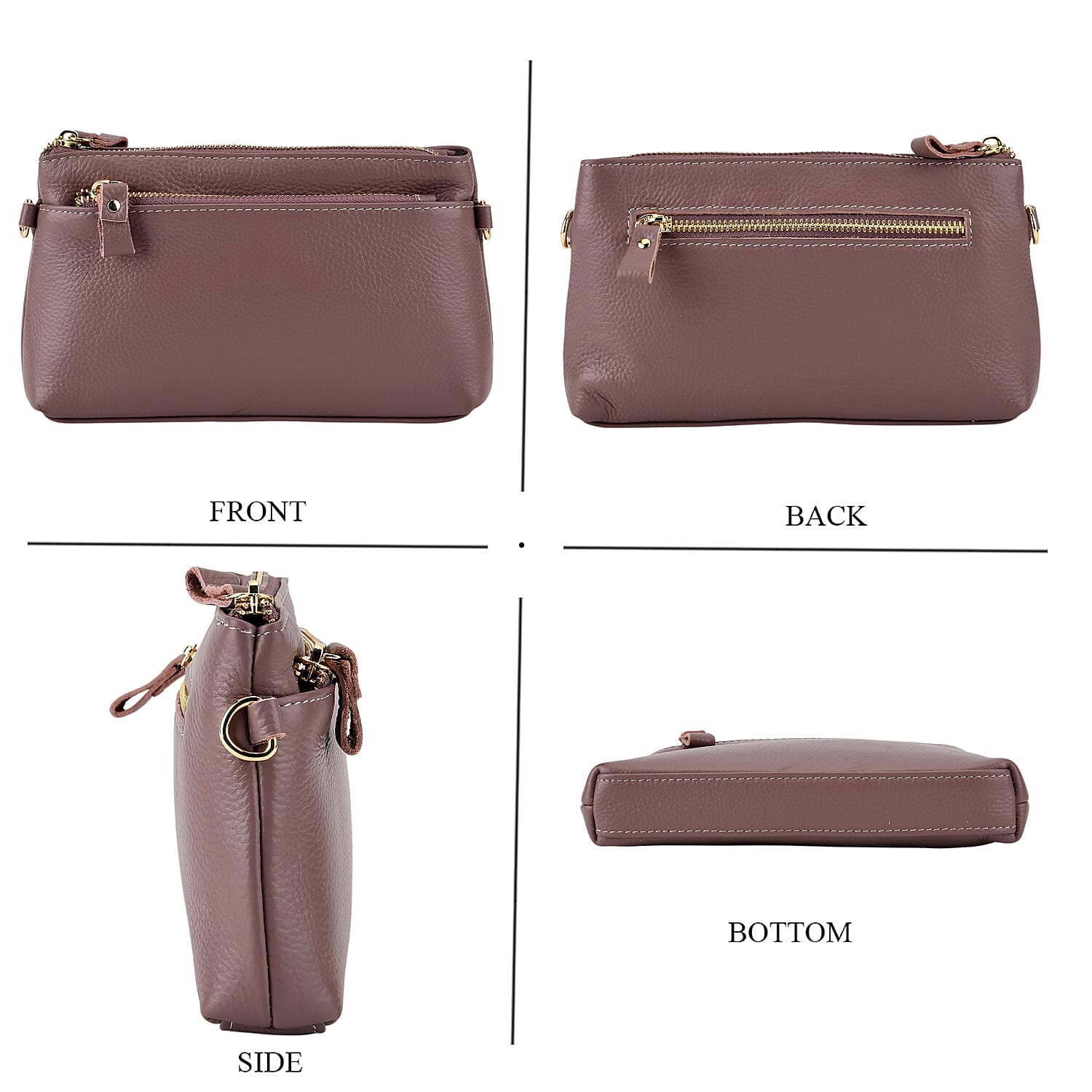 100% Exquisite Genuine Leather Premium Crossbody Bag 3-in-1 Clutch - Wristlet -- Mauve