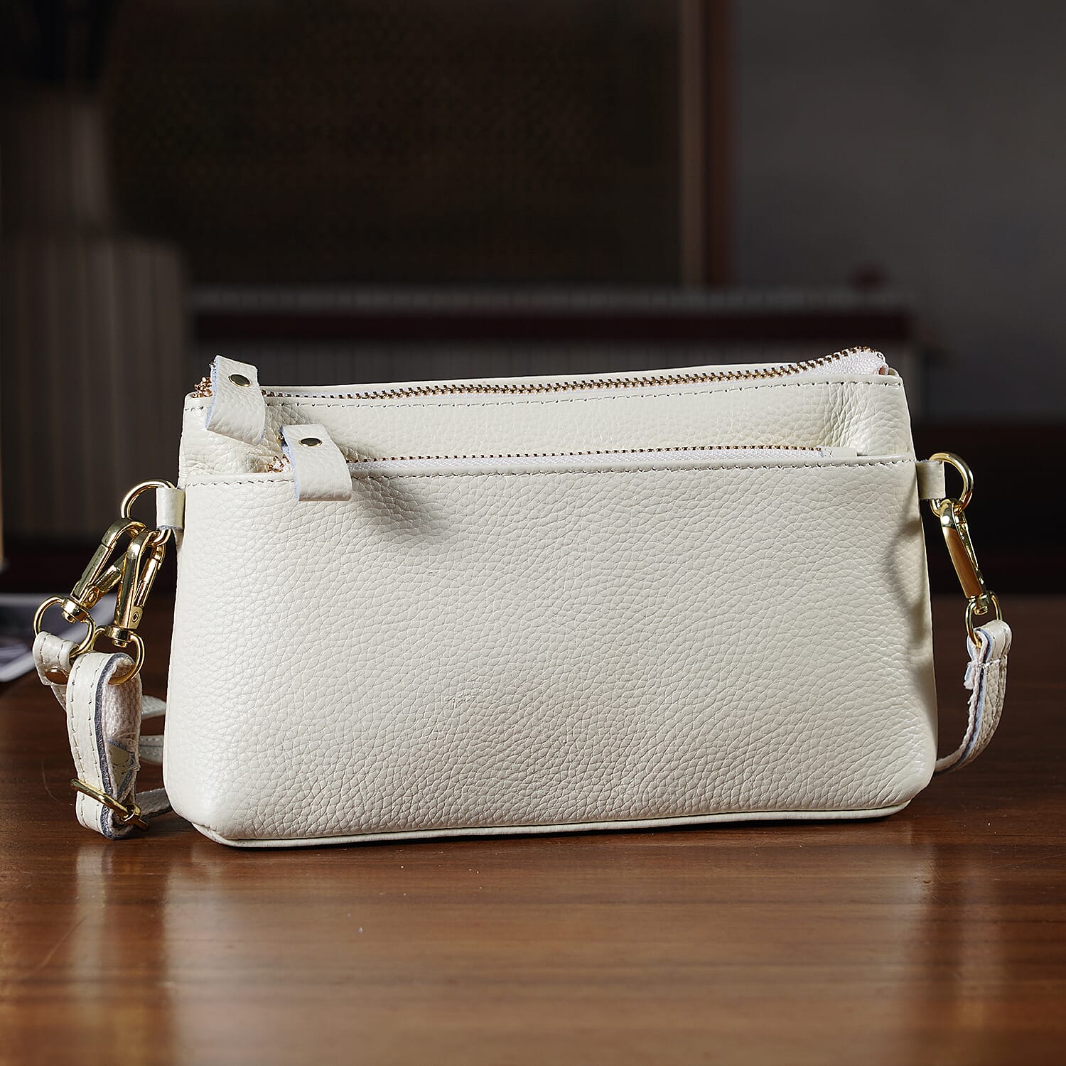 100% Exquisite Genuine Leather Premium Crossbody Bag 3-in-1 Clutch - Wristlet - - Ivory