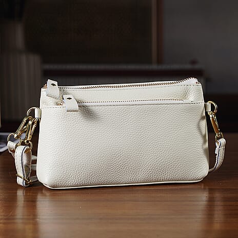 100% Exquisite Genuine Leather Premium Crossbody Bag 3-in-1 Clutch - Wristlet - - Ivory