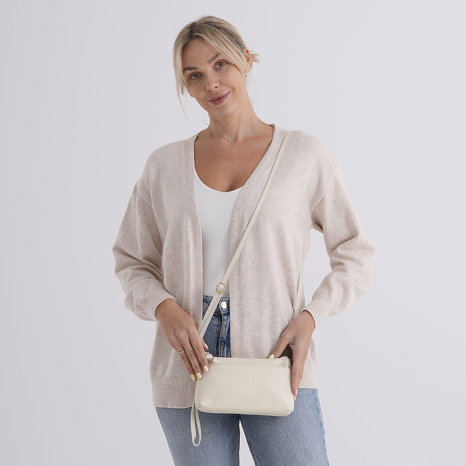 100% Exquisite Genuine Leather Premium Crossbody Bag 3-in-1 Clutch - Wristlet - - Ivory