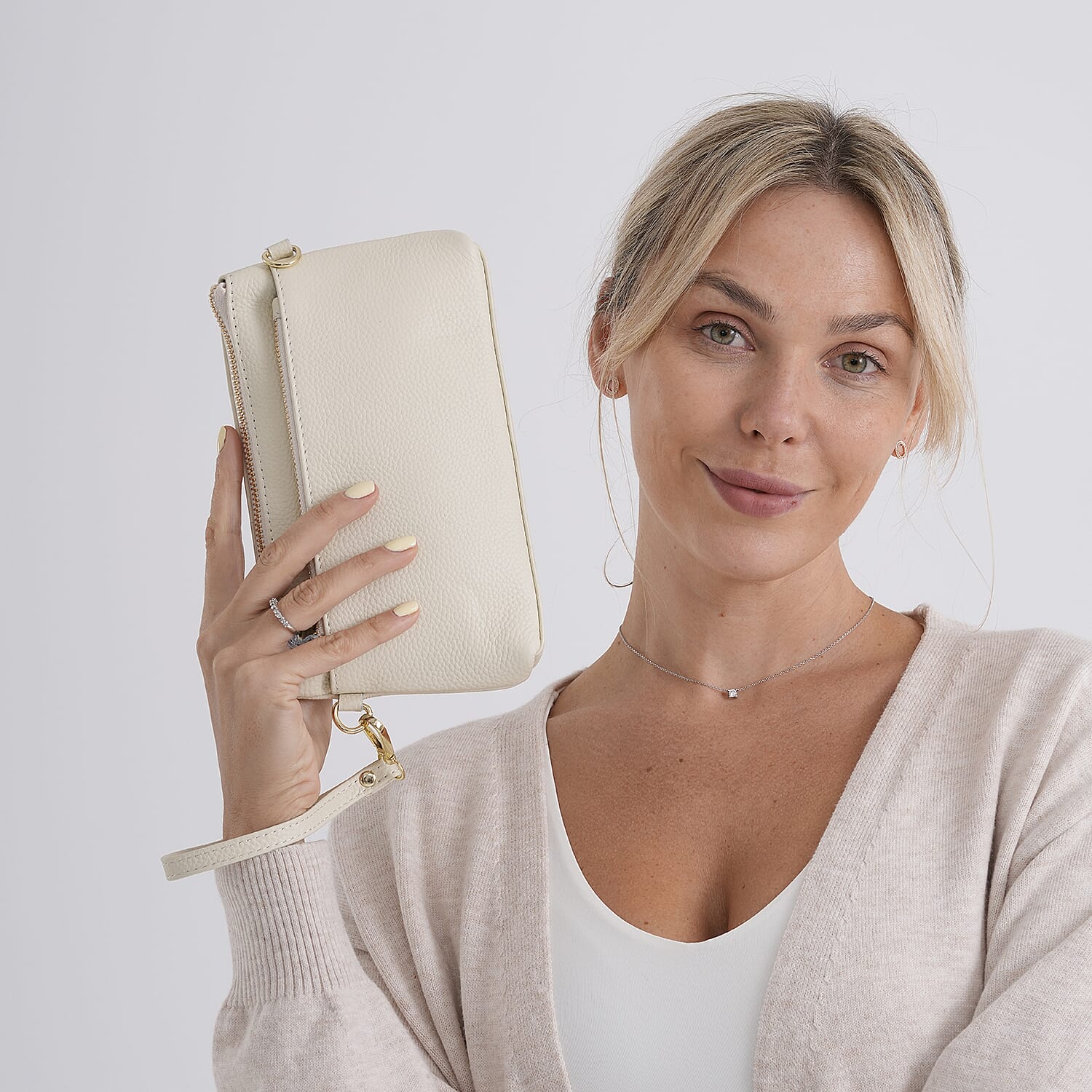 100% Exquisite Genuine Leather Premium Crossbody Bag 3-in-1 Clutch - Wristlet - - Ivory