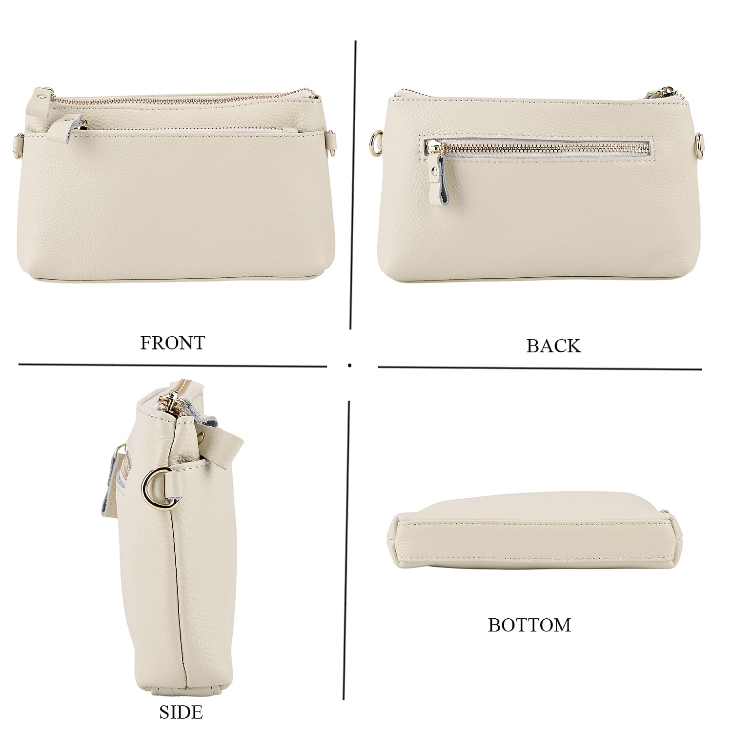 100% Exquisite Genuine Leather Premium Crossbody Bag 3-in-1 Clutch - Wristlet - - Ivory