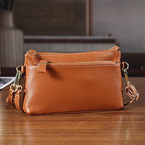 100% Exquisite Genuine Leather Premium Crossbody Bag 3-in-1 Clutch - Wristlet - Tan