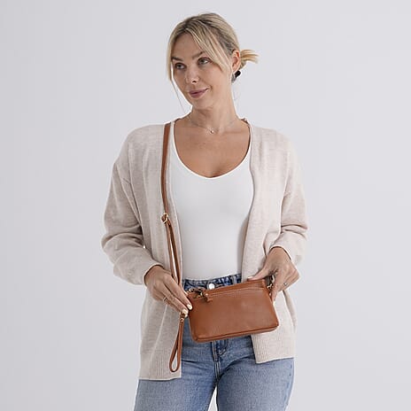 100% Exquisite Genuine Leather Premium Crossbody Bag 3-in-1 Clutch - Wristlet - Tan