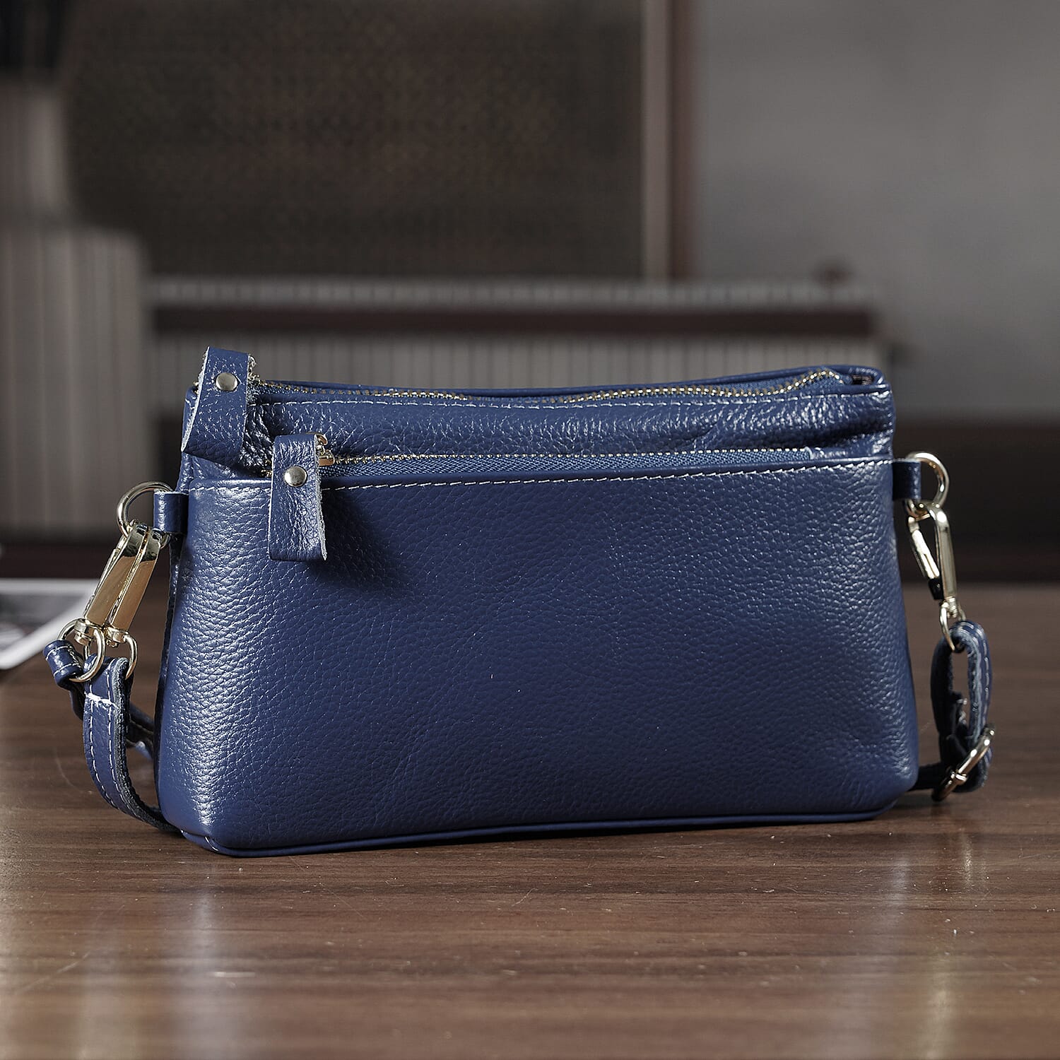 100% Exquisite Genuine Leather Premium Crossbody Bag 3-in-1 Clutch - Wristlet - Navy