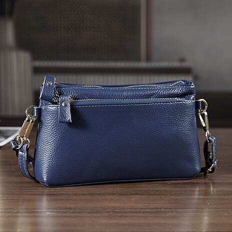 100% Exquisite Genuine Leather Premium Crossbody Bag 3-in-1 Clutch - Wristlet - Navy
