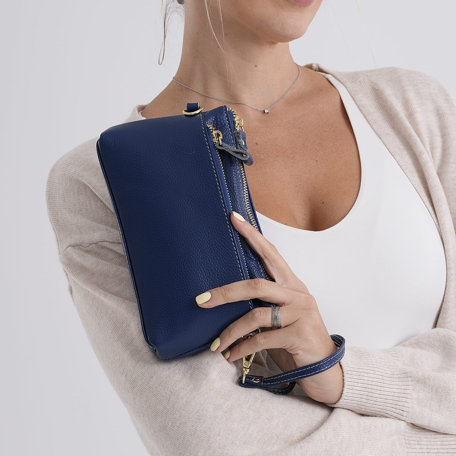 100% Exquisite Genuine Leather Premium Crossbody Bag 3-in-1 Clutch - Wristlet - Navy