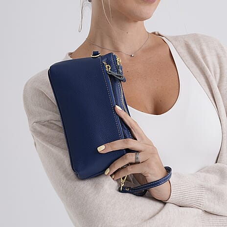 100% Exquisite Genuine Leather Premium Crossbody Bag 3-in-1 Clutch - Wristlet - Navy
